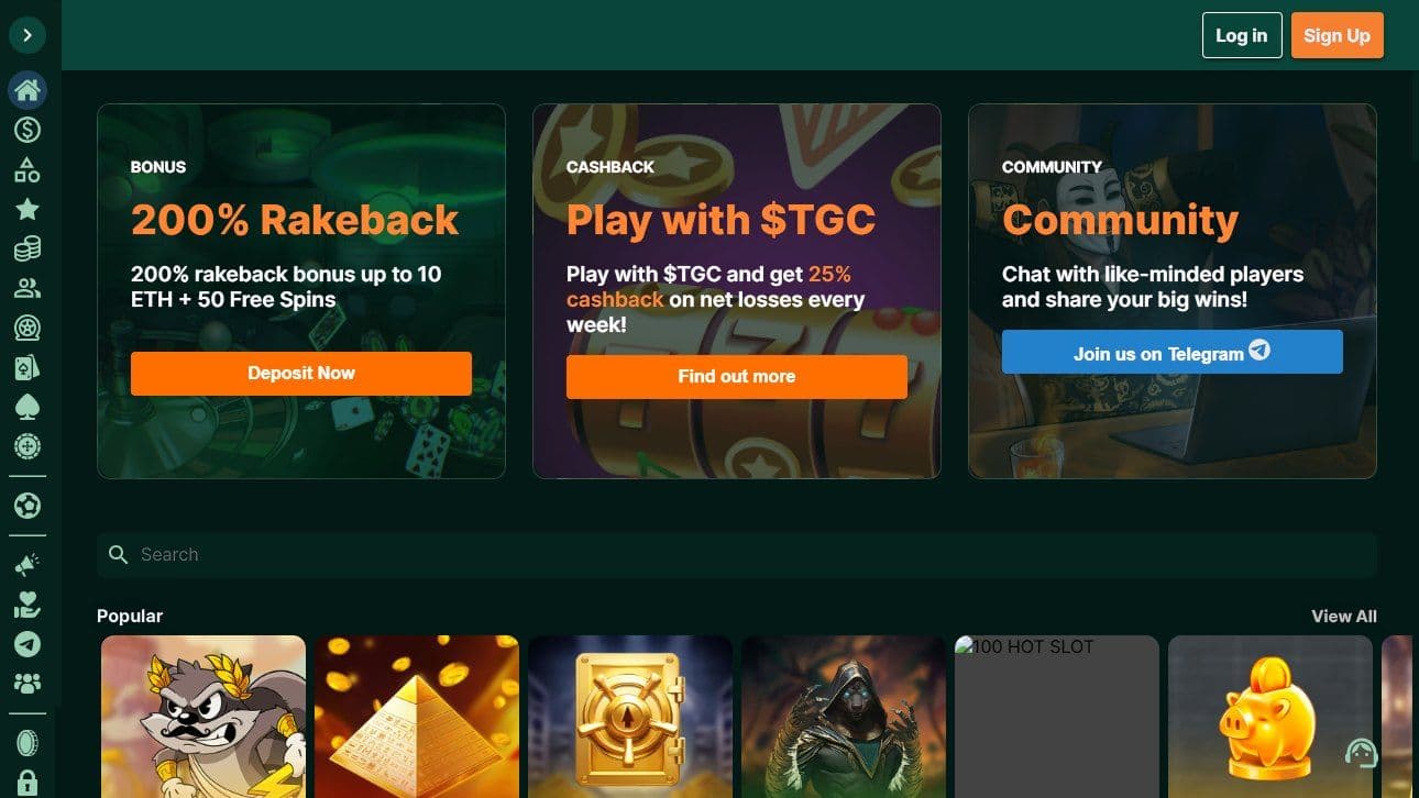 TG Casino homepage screenshot: 200% rakeback to 10 ETH + 50FS, TGC cashback, Telegram community on green Telegram app interface.