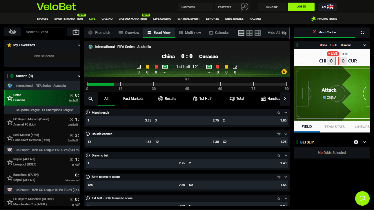 VeloBet live betting page with game tracker, odds and bet slip.