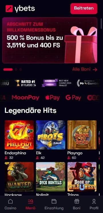 Ybets Casino Homepage Mobile