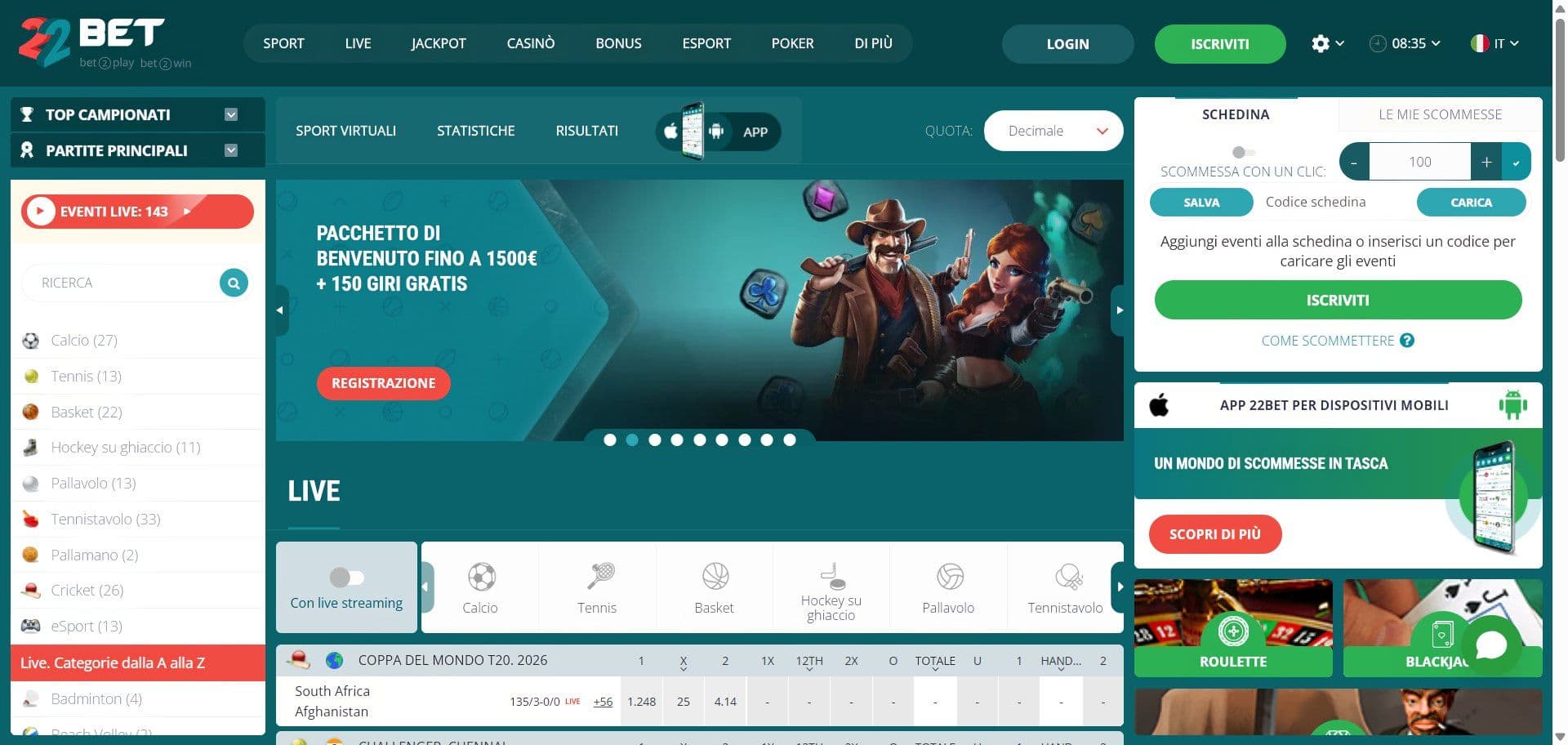 22Bet Scommesse Sportive Desktop