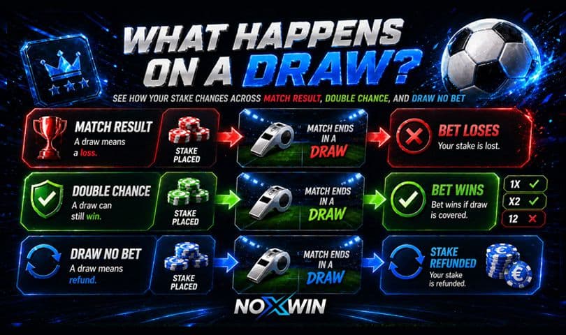 What Happens on a Draw? See how your stake changes across Match Result, Double Chance, and Draw No Bet.