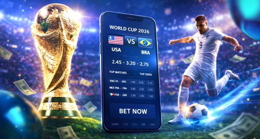 World Cup 2026 betting guide cover: trophy, phone odds, football action on vibrant stadium pitch.
