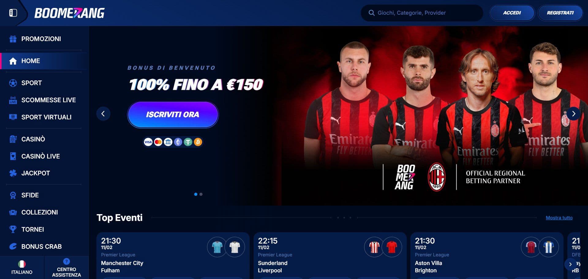 Boomerang.bet Sito di Scommesse Desktop