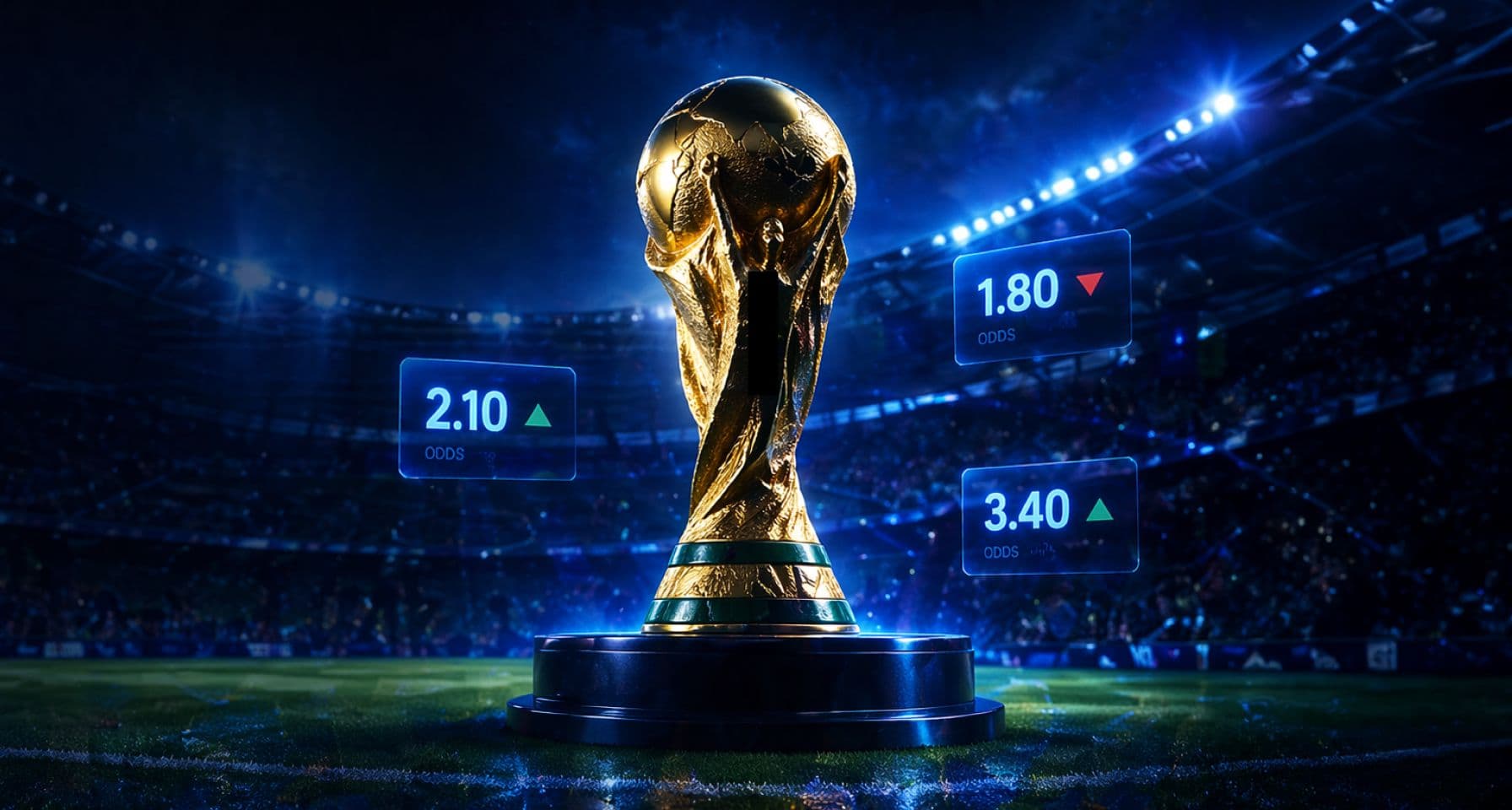 FIFA World Cup trophy on a stadium pitch with betting odds, for the 2026 World Cup guide.