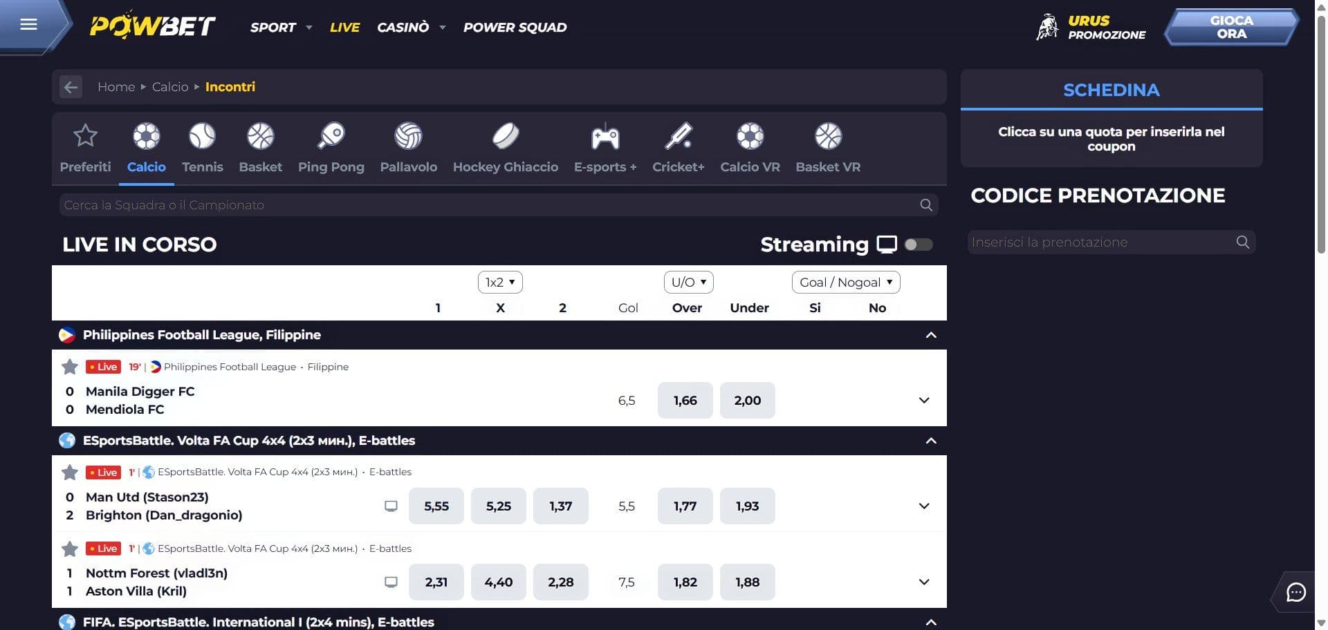 Powebet Scommesse Live Desktop