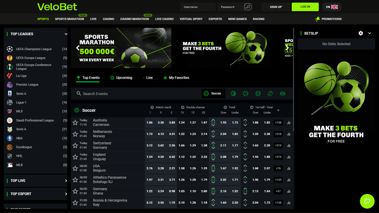 VeloBet sports homepage with soccer fixtures, odds and offers.