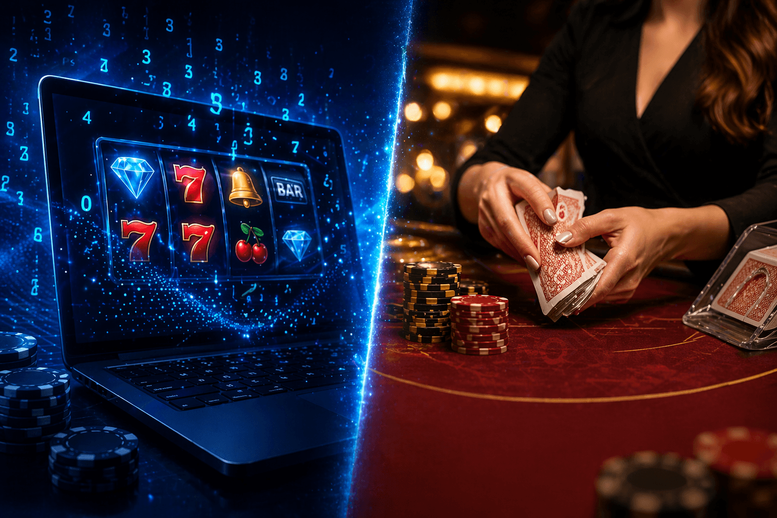 RNG online casino concept with slot machine and live dealer blackjack table.