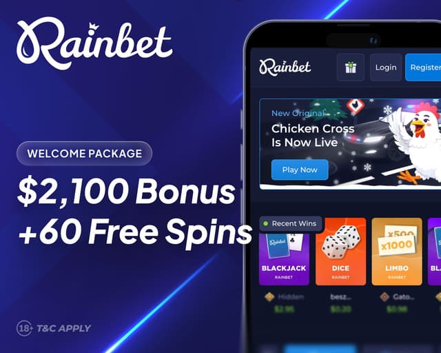 Rainbet Casino mobile welcome package: $2,100 bonus + 60 free spins, Chicken Cross promo.