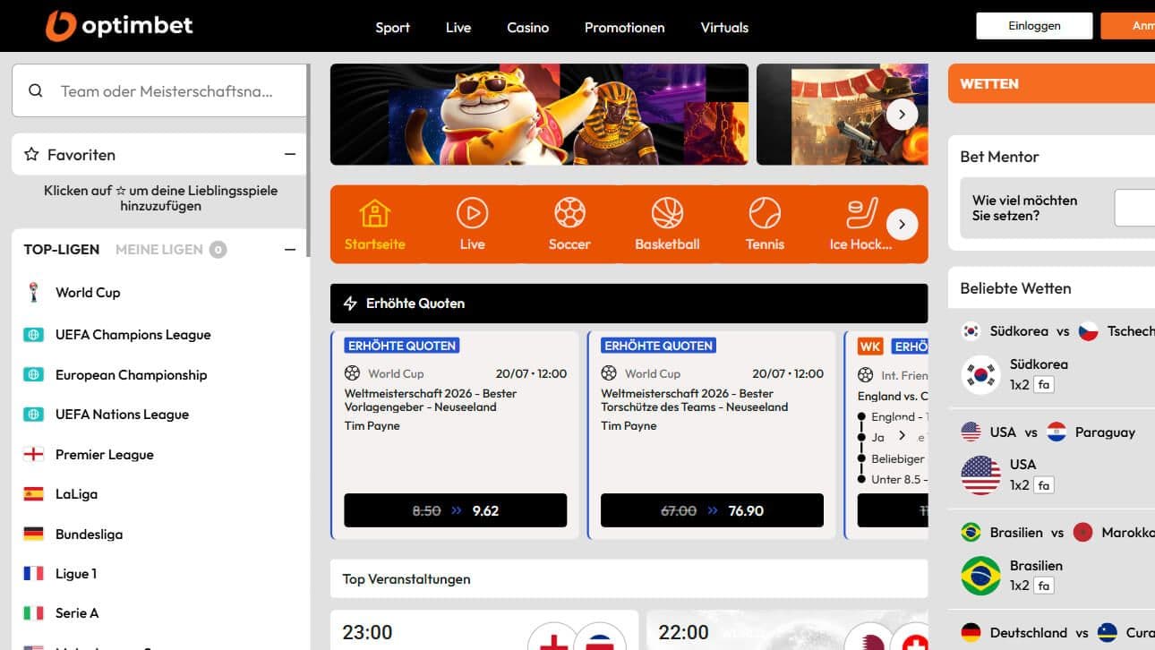 Optimbet Startseite Desktop