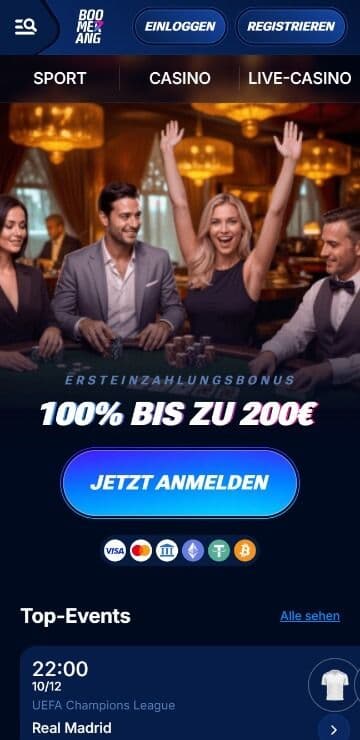 Boomerang Bet Homepage Mobile