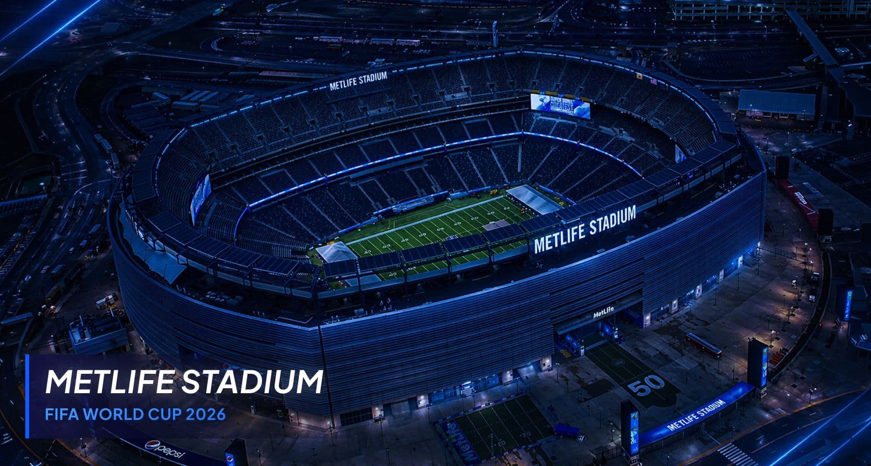 MetLife Stadium at night, host of the FIFA World Cup 2026 final in New Jersey.