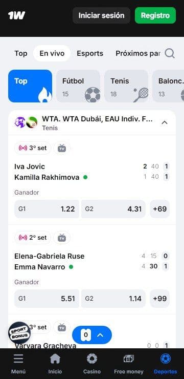 Apuestas en vivo de 1win mobile