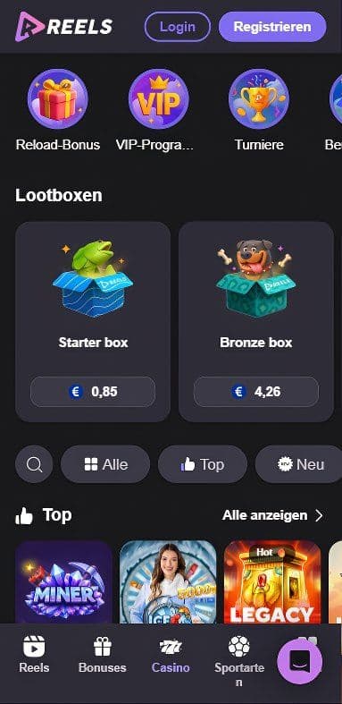 Reels Casino Homepage Mobile