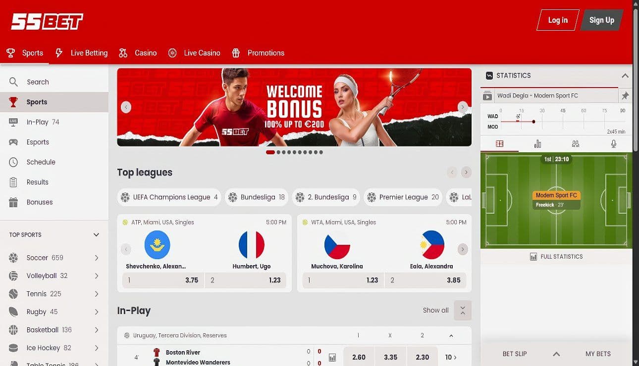 55Bet home desktop