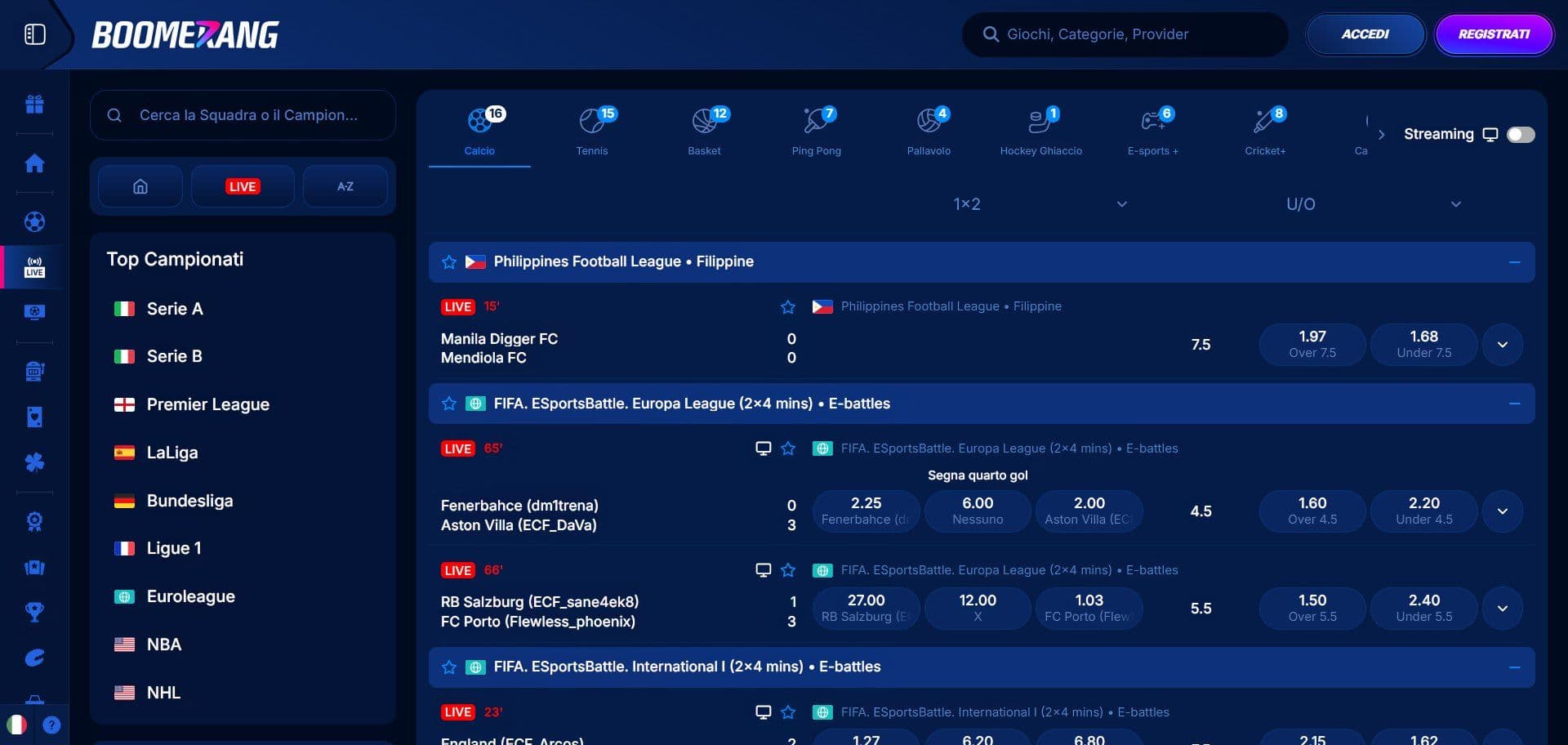 Boomerang.Bet Scommesse Sportive Live Desktop