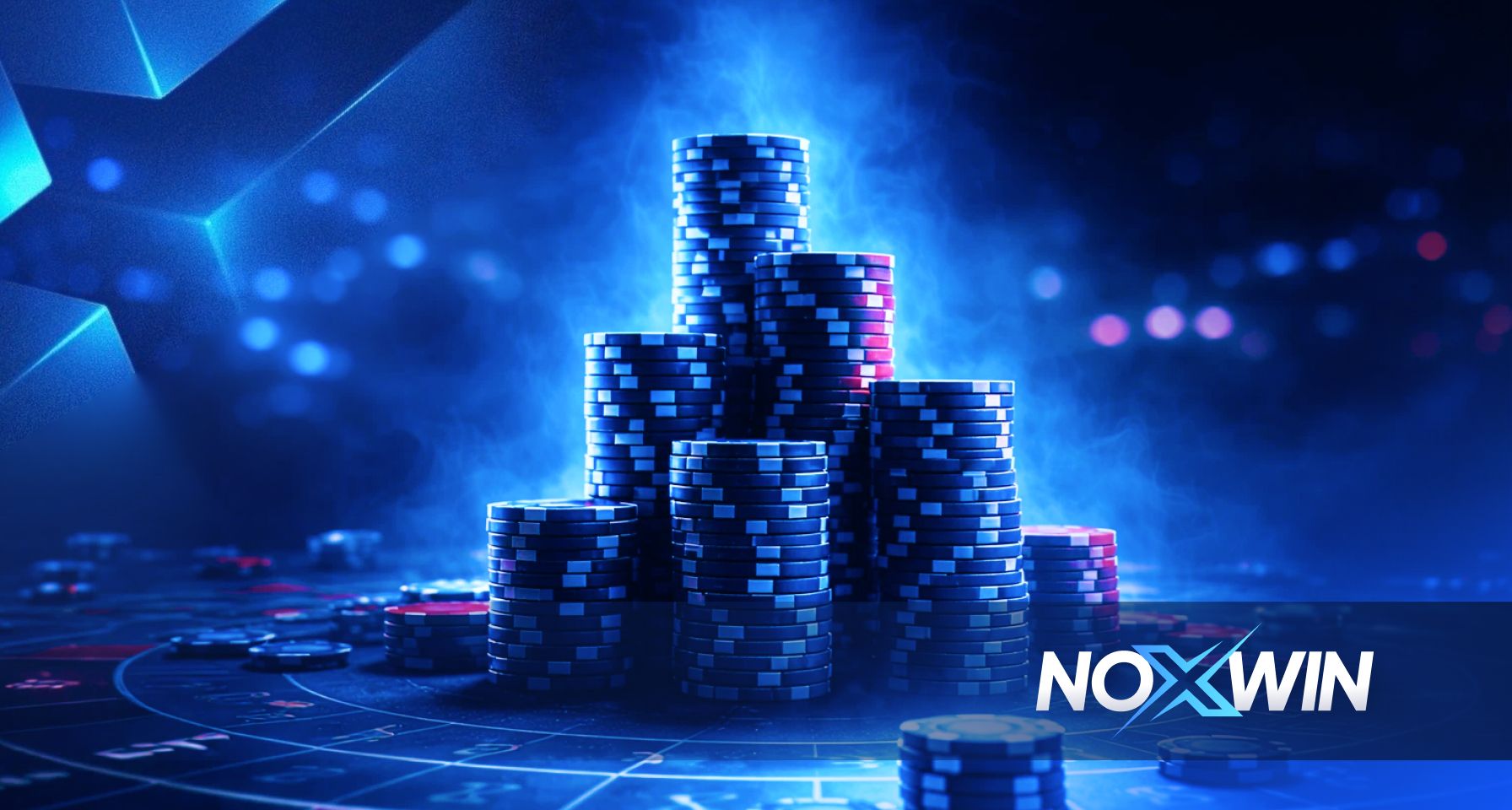 Casino chips stacked under blue lights for Noxwin blog cover on house edge casino explanation.