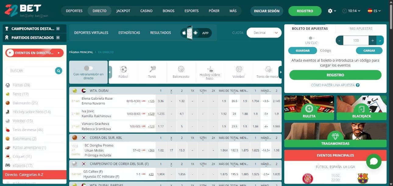 Apuestas en vivo de 22bet