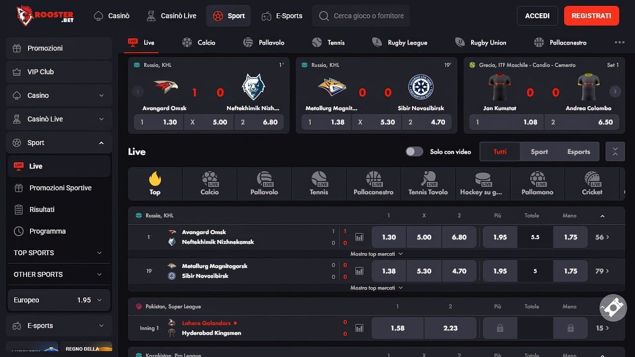 Rooster.Bet Scommesse Live Desktop