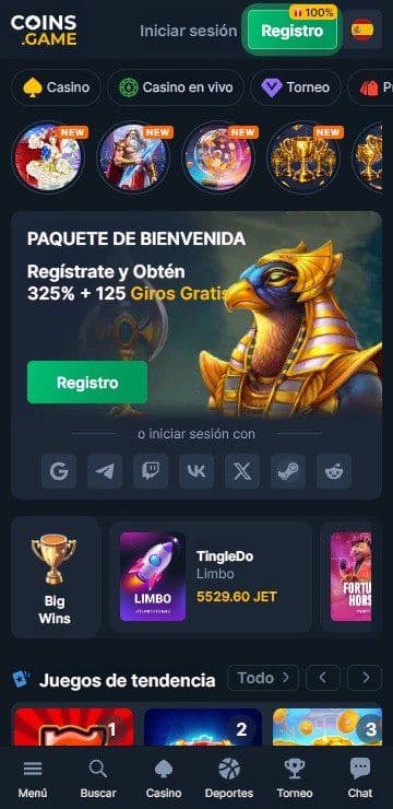 Lobby de inicio de coinsgame mobile