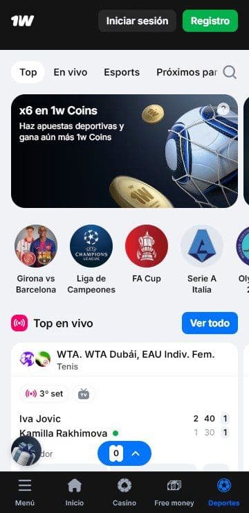 Lobby de inicio de 1win mobile