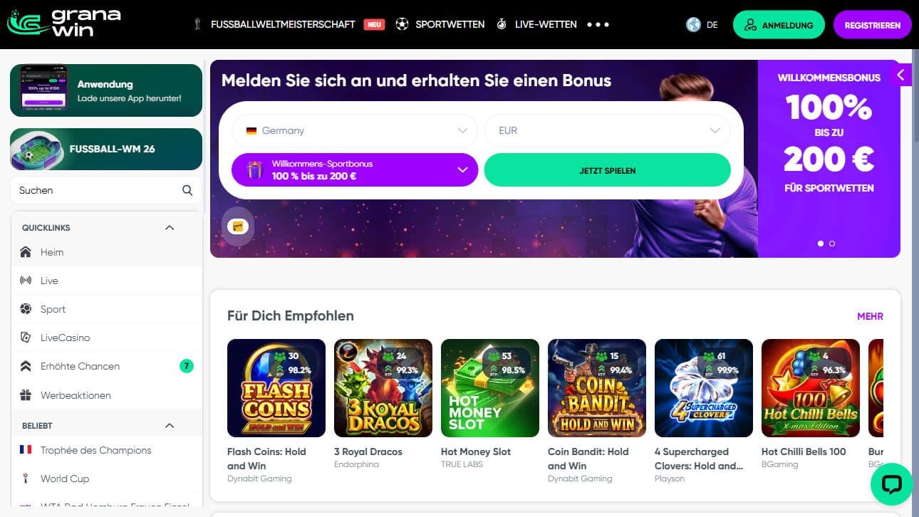 GranaWin Sportwetten und Casino Homepage Desktop